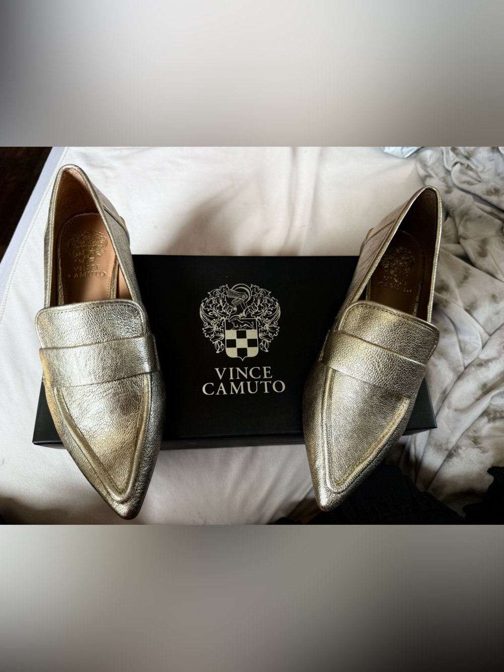 Vince Camuto Metallic Gold Pointed Loafers - Shimmering Gold